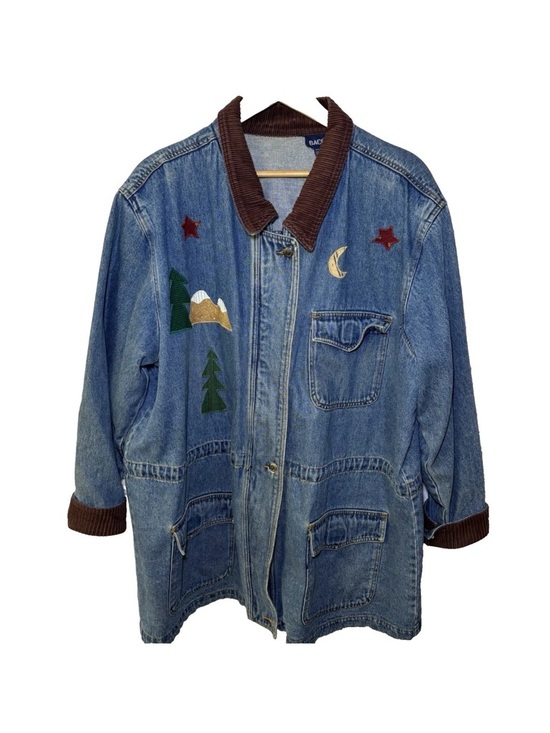 Baccini Jackets & Blazers - Baccini Womens Denim Jacket 2XL Embroidered Birdhouses Vintage Barn Jacket Moon